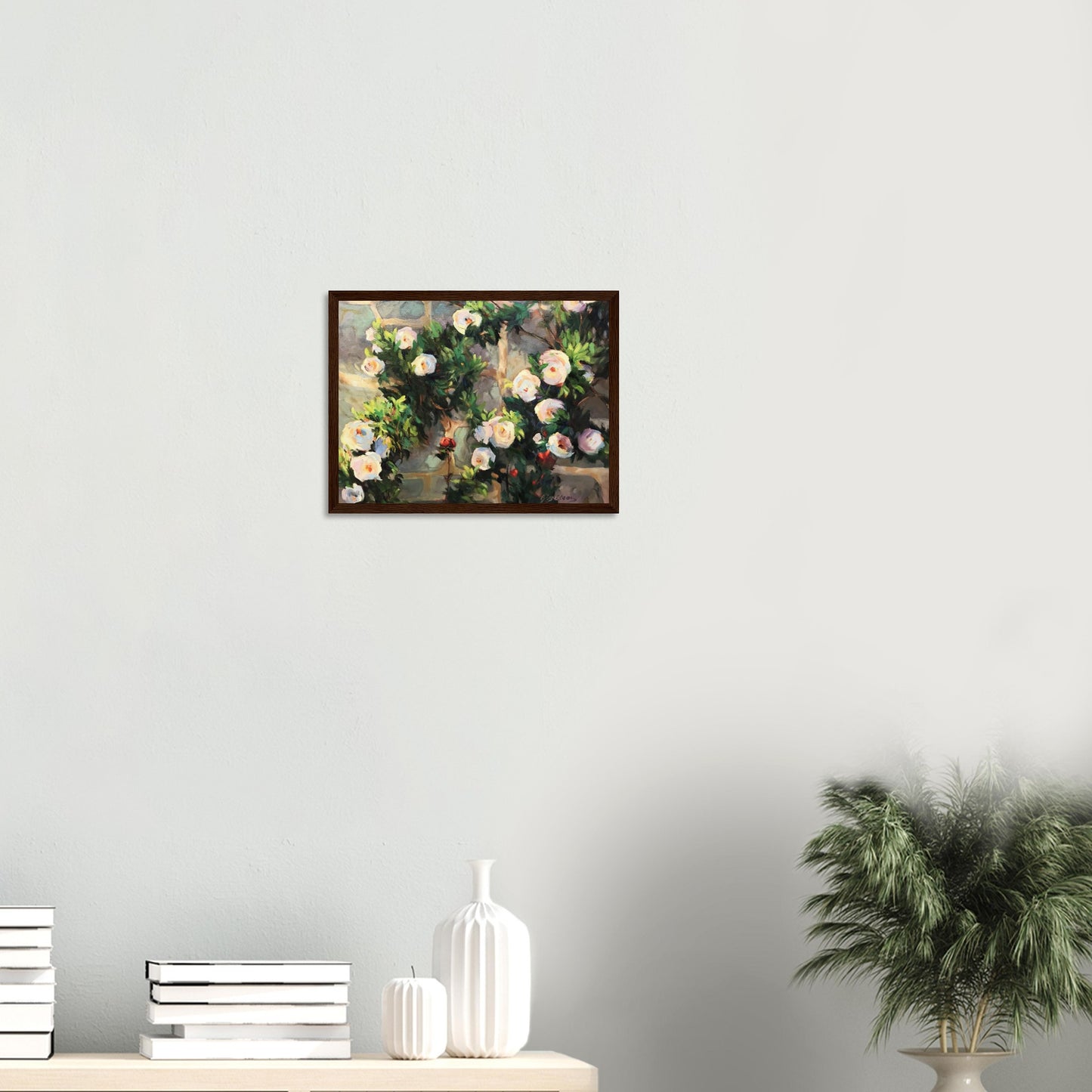 ‘Vining White Roses’ Floral | 12x16 inch Wooden Framed Art Print | Original Artwork by American Artist Barbara Cleary