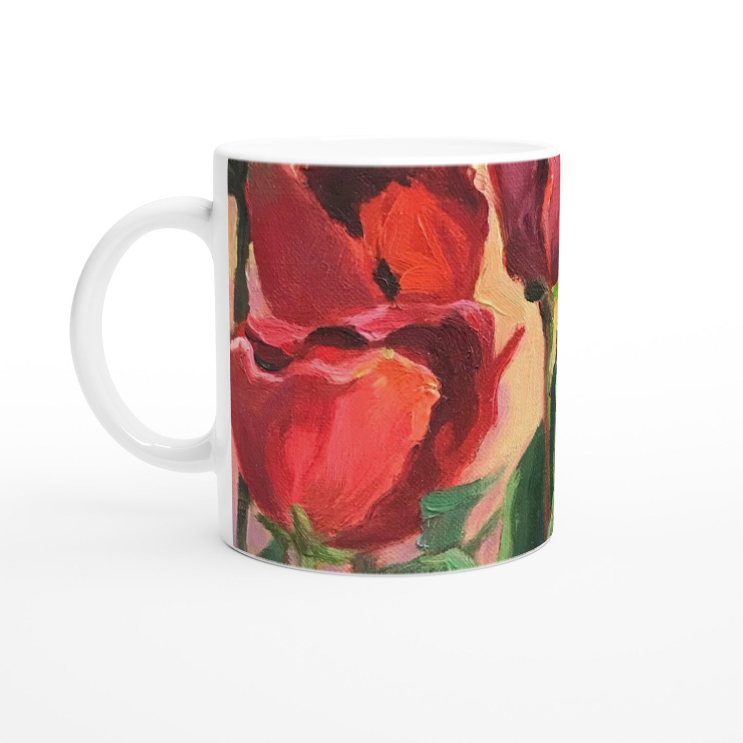 11oz White Ceramic Mug | Coffee Cup with 'Tulips' Floral Artwork by American Artist Barbara Cleary