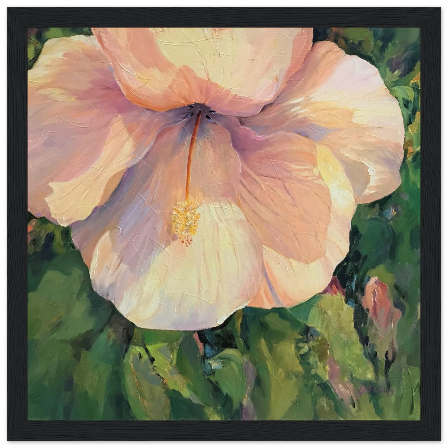 'Pink Hibiscus' Floral | 12x12 inch Wooden Framed Art Print | Original Artwork by American Artist Barbara Cleary