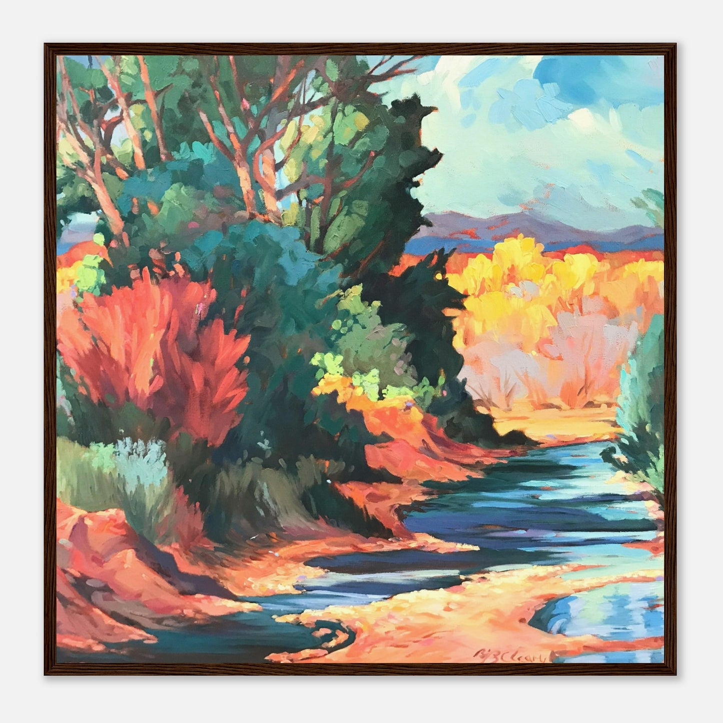 ‘Rio Pueblo’ Landscape | 28x28 Wooden Framed Art Print | Original Artwork by American Artist Barbara Cleary
