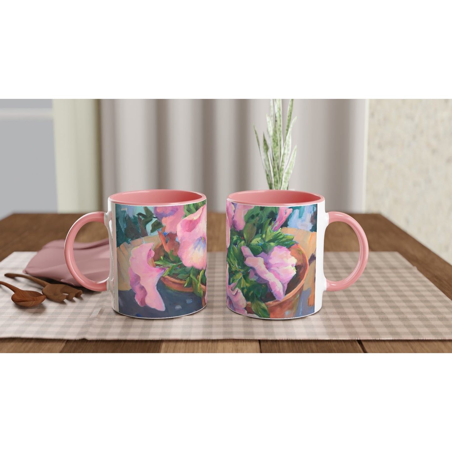'Pink Petals in Bloom' 11oz White Ceramic Mug with Color Inside | Coffee Cup with 'May's First Born' Floral Artwork by American Artist Barbara Cleary