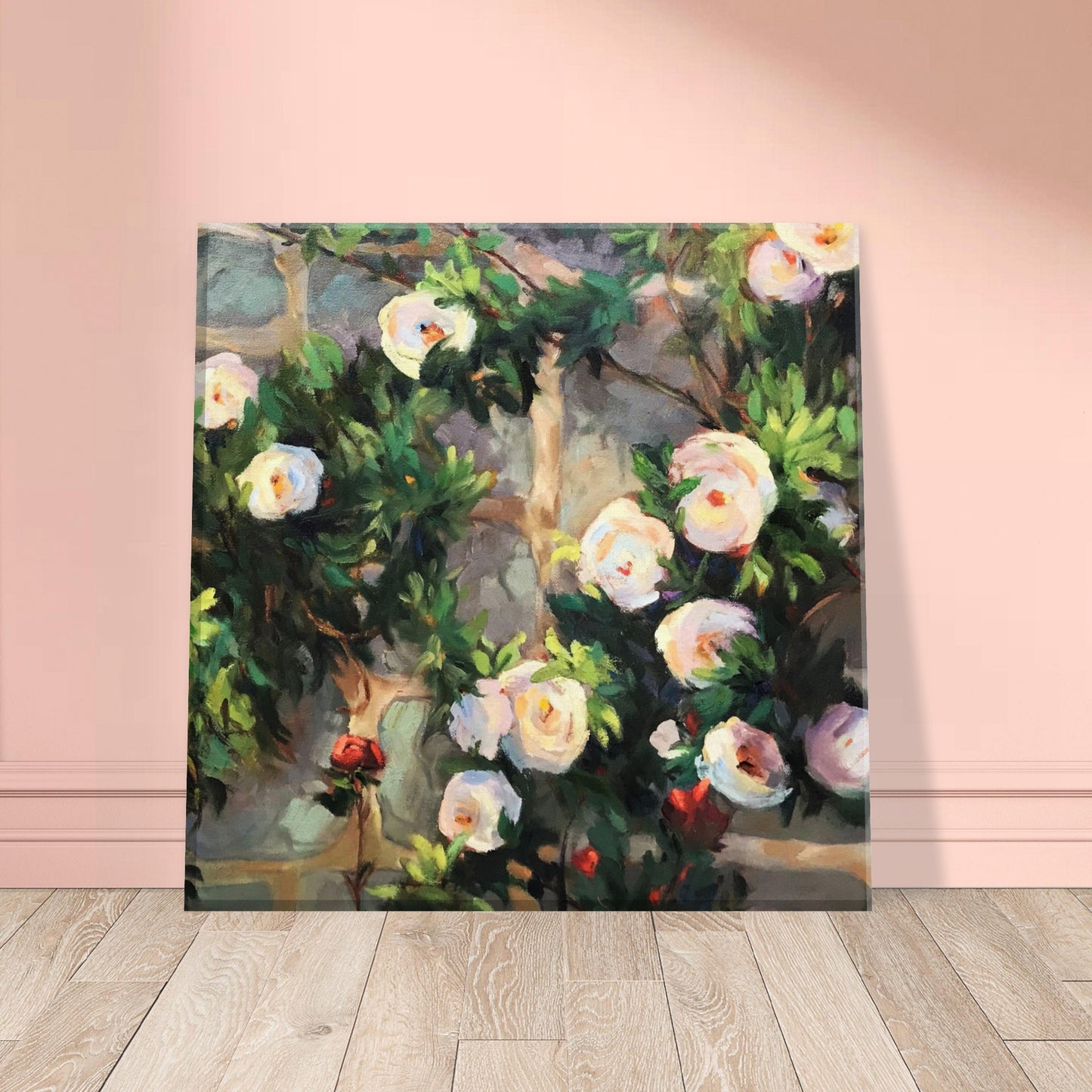 'Vining White Roses' Floral I 8x8 inch Art Print on Canvas I Original Artwork by American Artist Barbara Cleary