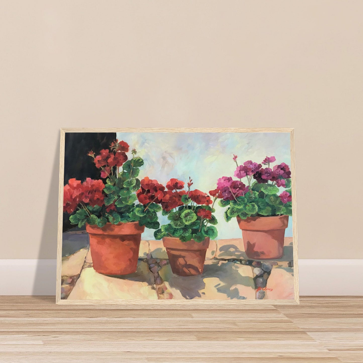 'Potted Red Geraniums Series 1' Red and Pink Floral | 20x28 inch Wooden Framed Art Print | Original Artwork by American Artist Barbara Cleary
