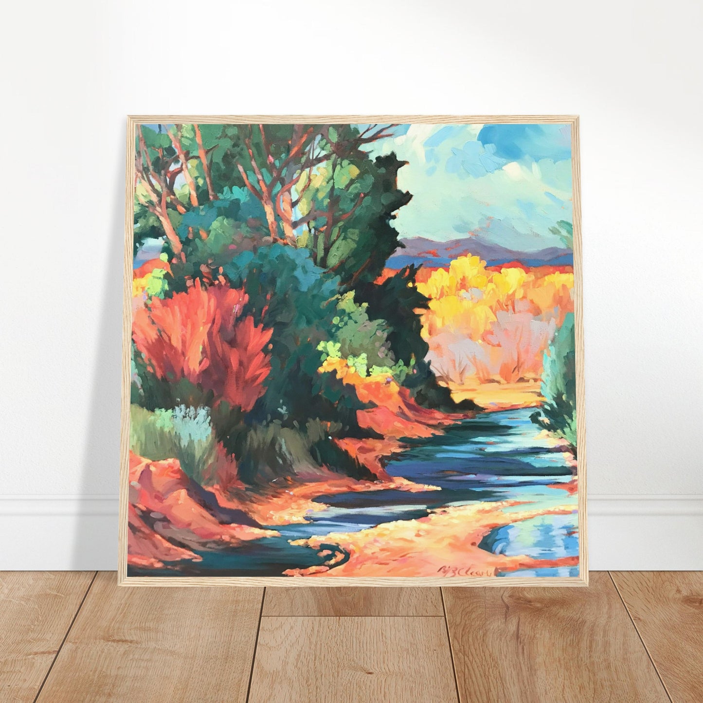 ‘Rio Pueblo’ Landscape | 28x28 Wooden Framed Art Print | Original Artwork by American Artist Barbara Cleary