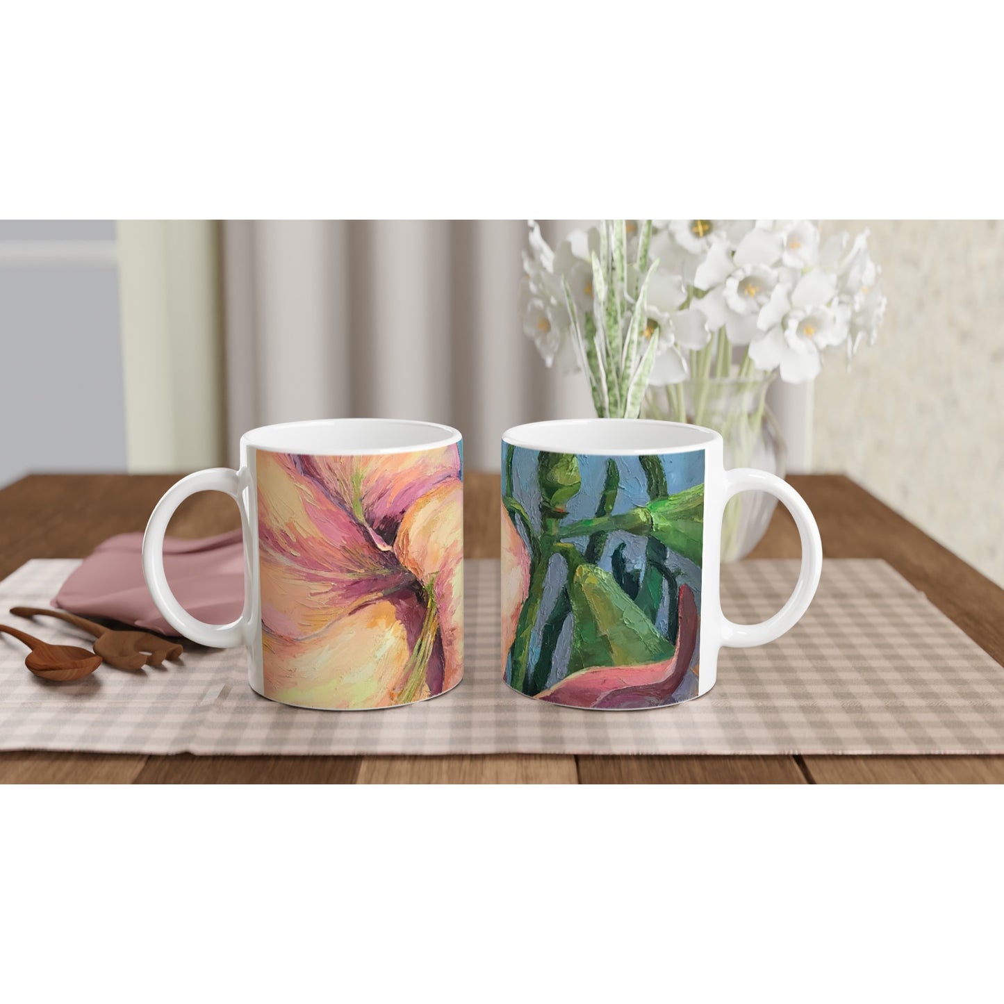 11oz White Ceramic Mug | Coffee Cup with 'Amaryllis 2' Floral Artwork by American Artist Barbara Cleary
