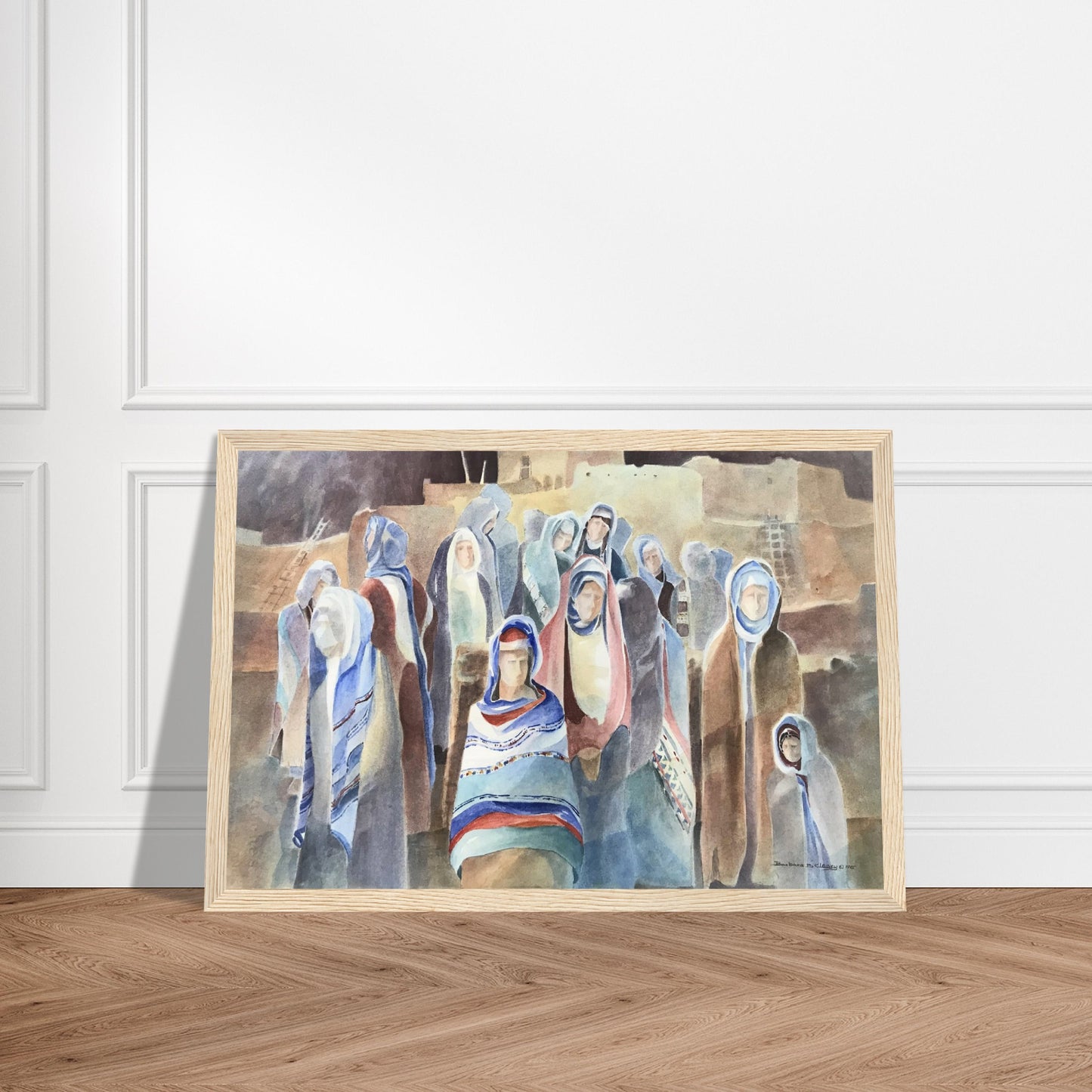 'Pueblo People' Southwestern Watercolor I 12x18 inch Wooden Framed Art Print I Original Artwork by American Artist Barbara Cleary