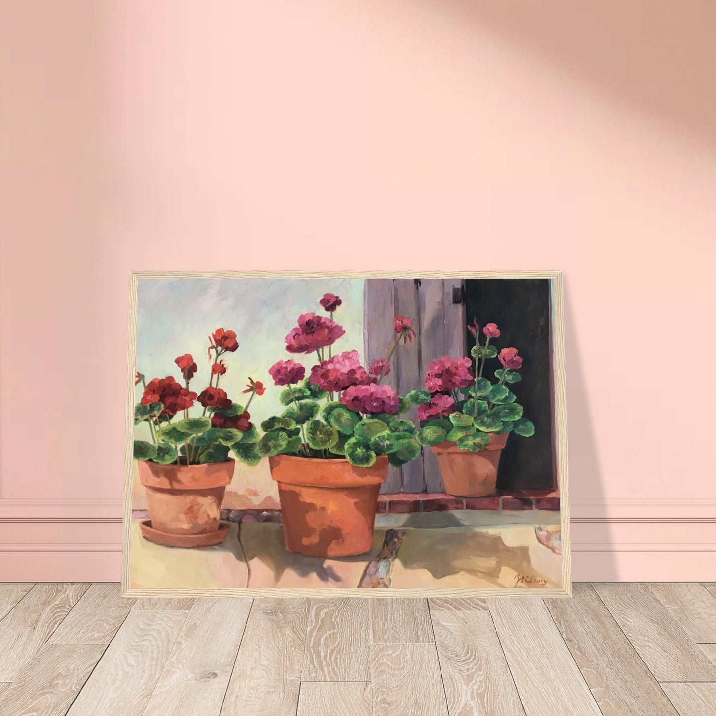 'Potted Red Geraniums Series 2'Red and Pink Floral | 20x28 inch Wooden Framed Art Print | Original Artwork by American Artist Barbara Cleary
