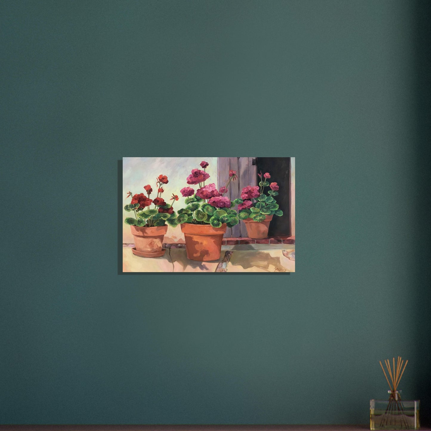 'Potted Red Geraniums Series 2' Floral I 16x24 Museum-Quality Matte Paper Poster I Original Artwork by American Artist Barbara Cleary