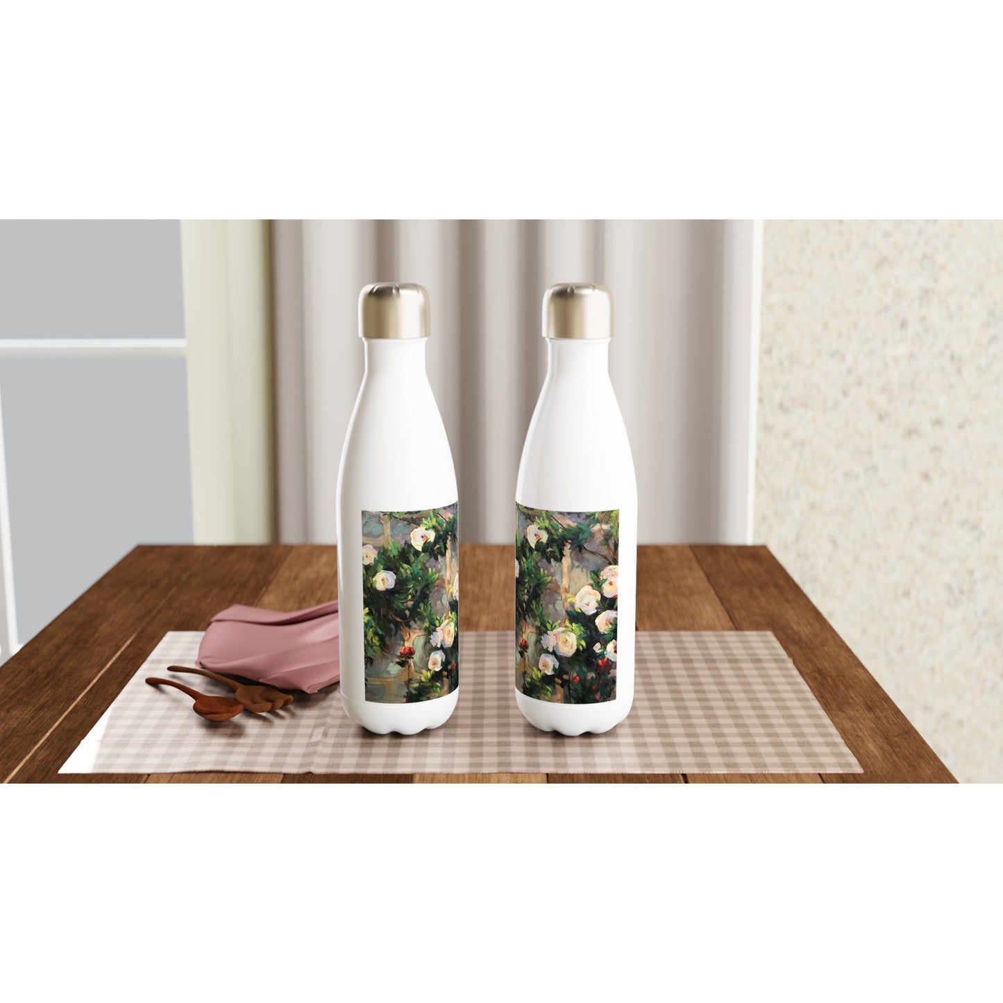 17oz White Stainless Steel Bottle with 'Vining White Roses' Floral Artwork by American Artist Barbara Cleary