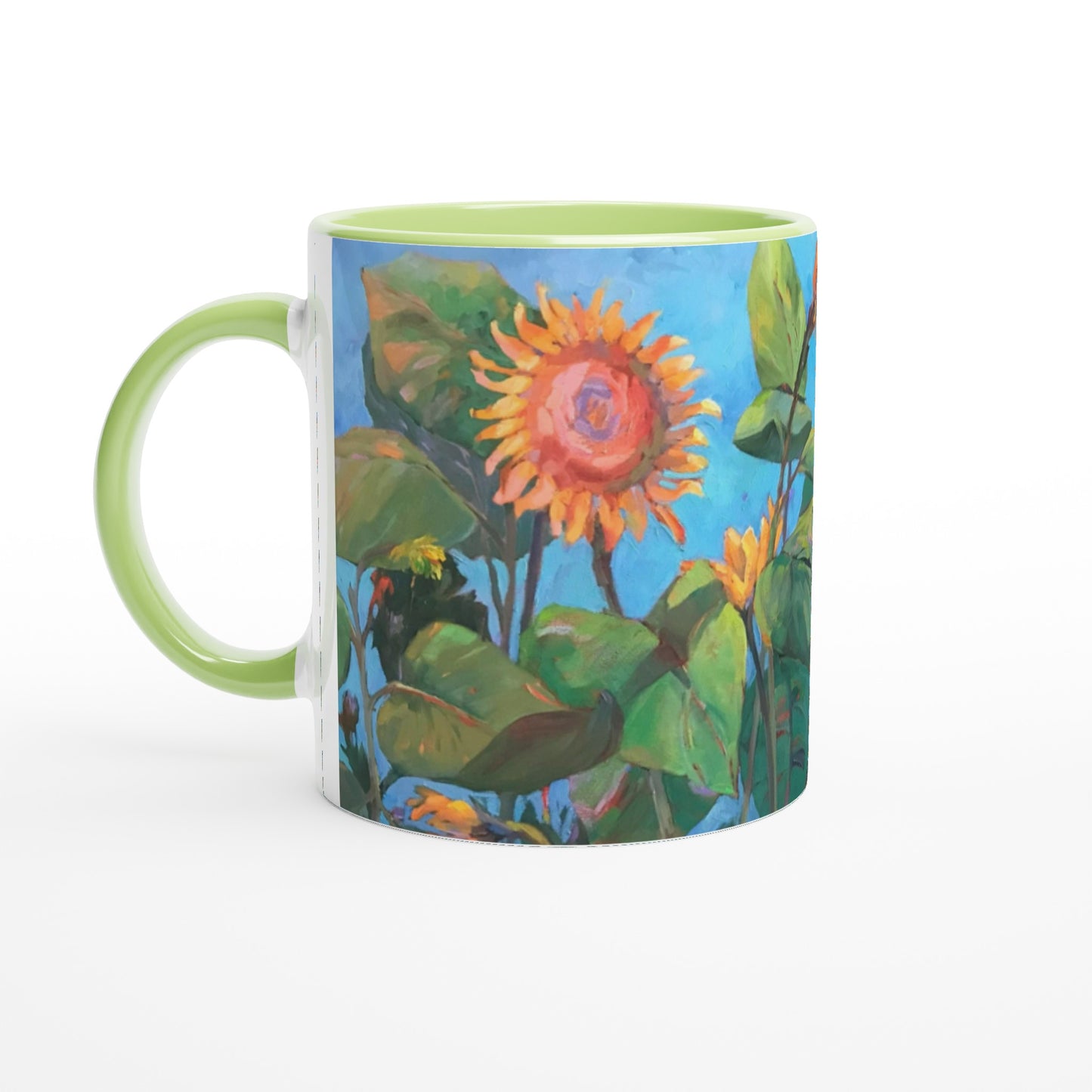 "11oz White Ceramic Coffee Mug with Color Inside | with 'Southwinds 2 Sunflowers' Floral Artwork by American Artist Barbara Cleary