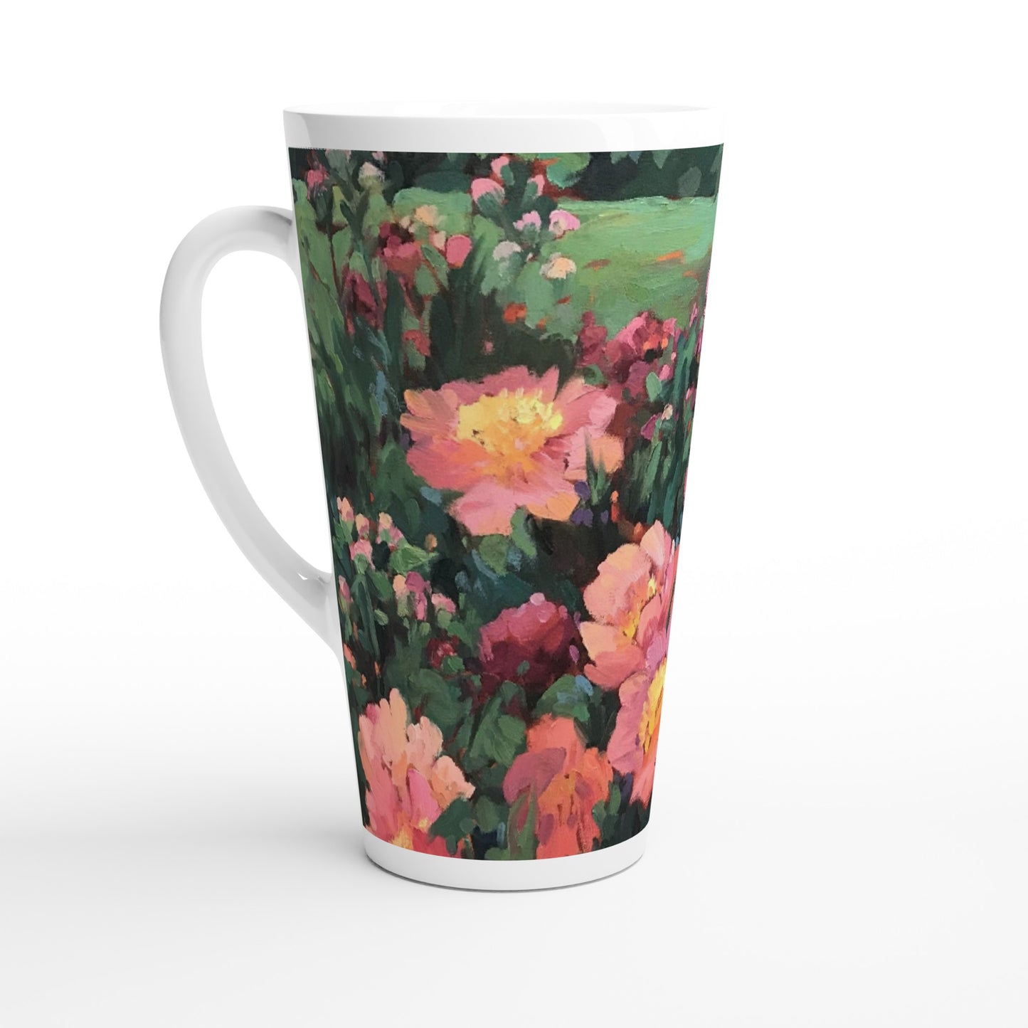 17oz White Ceramic Latte Mug | Coffee Cup with 'Pink Princess' Floral Artwork by American Artist Barbara Cleary