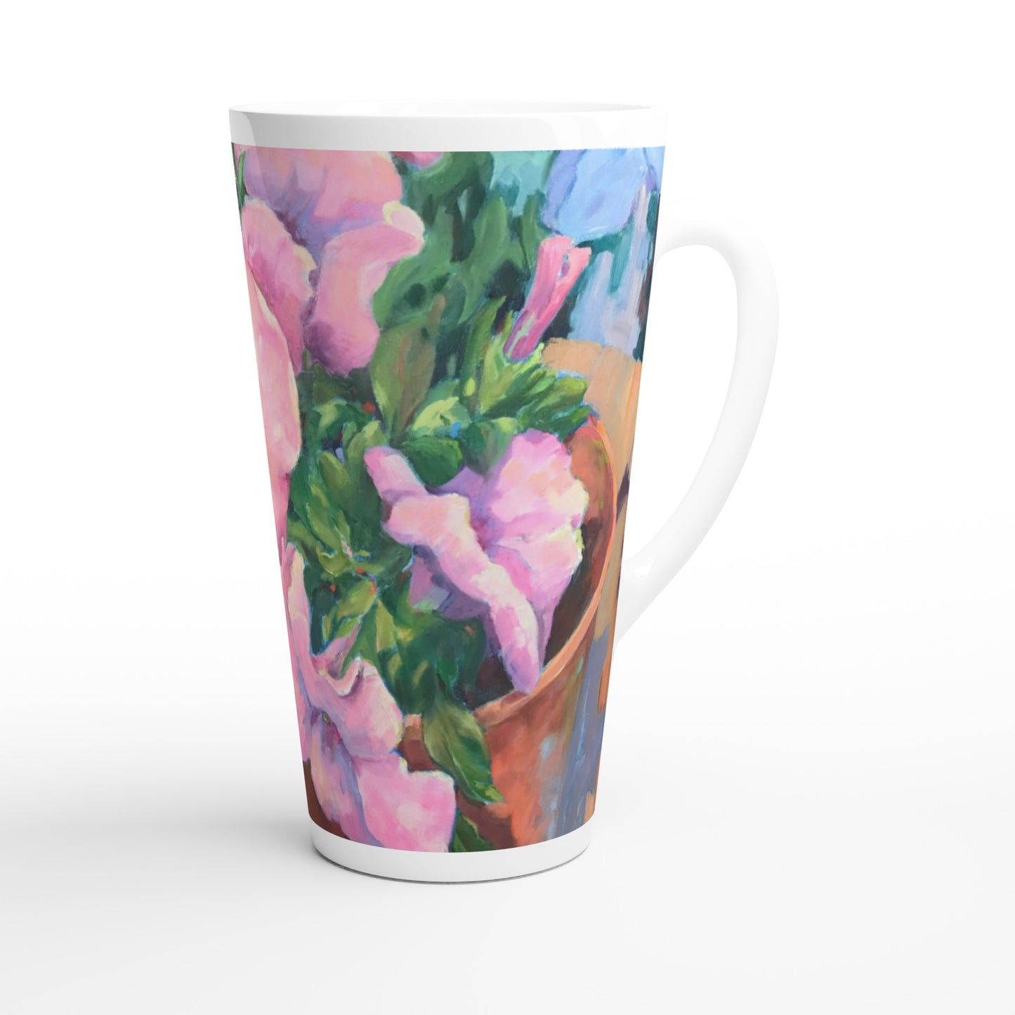 17oz White Ceramic Latte Mug | Coffee Cup with 'Pink Petals in Bloom' Floral Artwork by American Artist Barbara Cleary