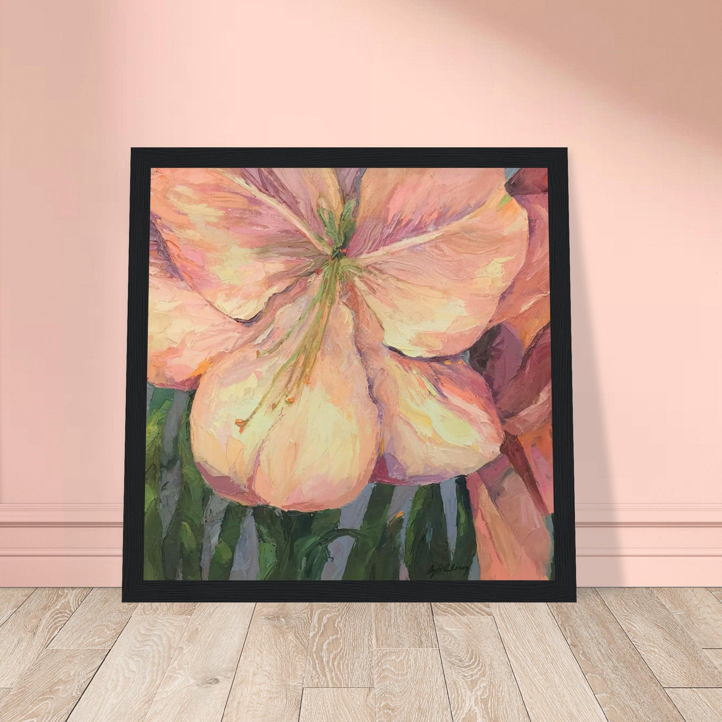 'Pink Amaryllis' Floral | 12x12 inch Wooden Framed Art Print | Original Artwork by American Artist Barbara Cleary
