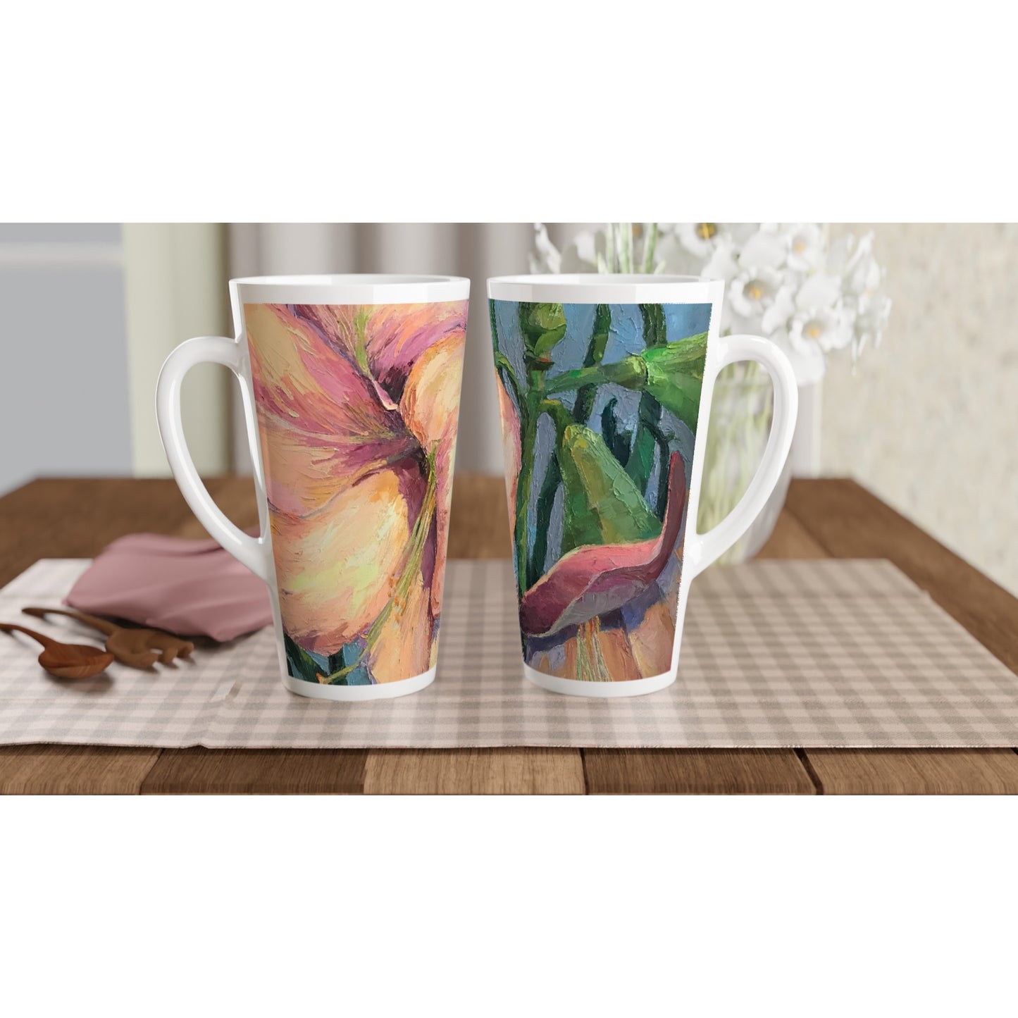 17oz White Ceramic Latte Mug | Coffee Cup with 'Amaryllis 2' Floral Artwork by American Artist Barbara Cleary
