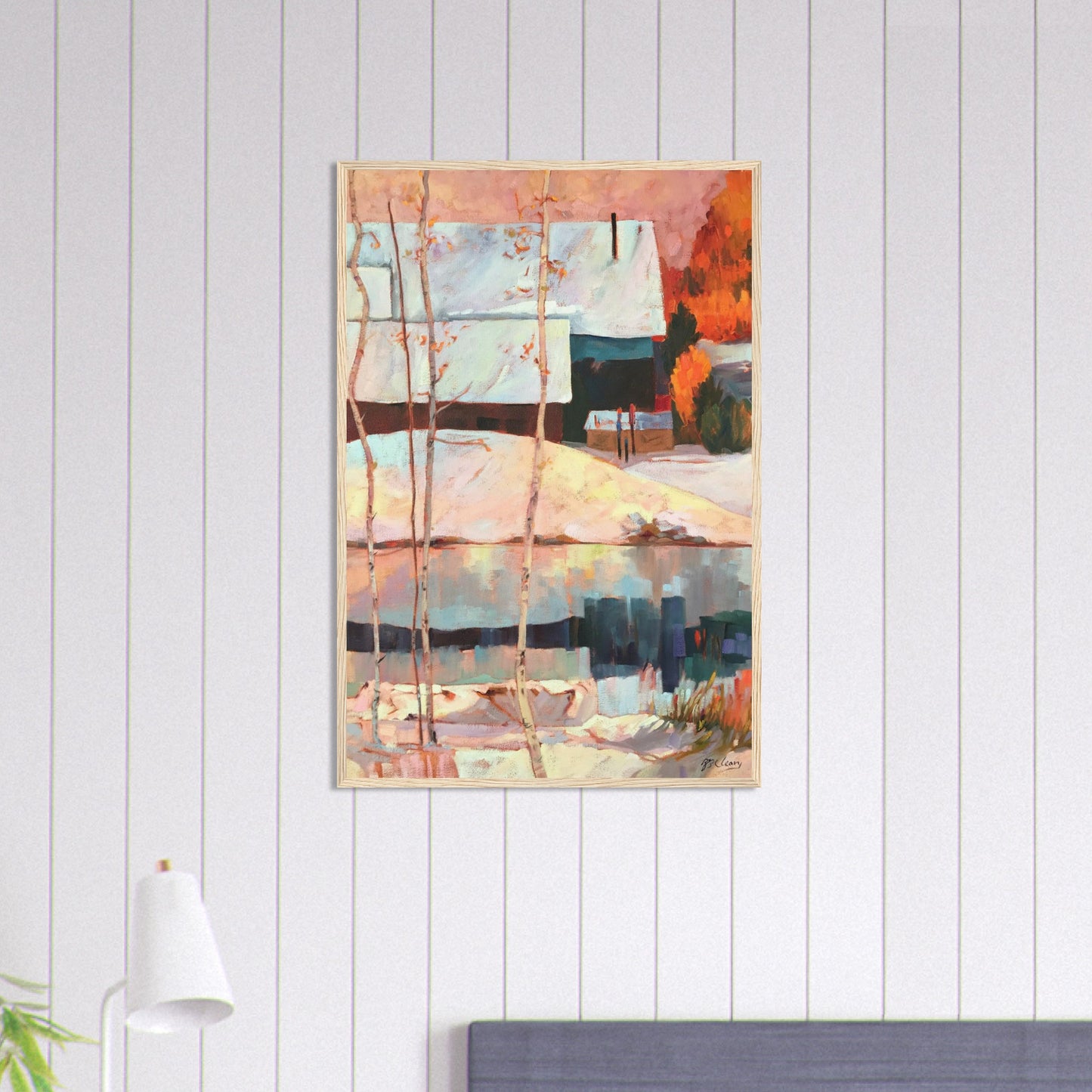 ‘Early Snow’ Winter Landscape | 24x36 Wooden Framed Art Print | Original Artwork by American Artist Barbara Cleary