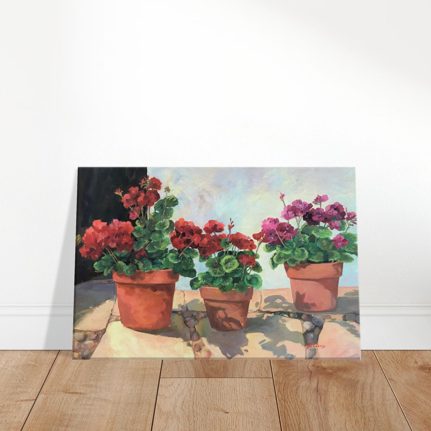 'Potted Red Geraniums Series 1' Floral I 12x18 inch Art Print on Canvas I Original Artwork by American Artist Barbara Cleary