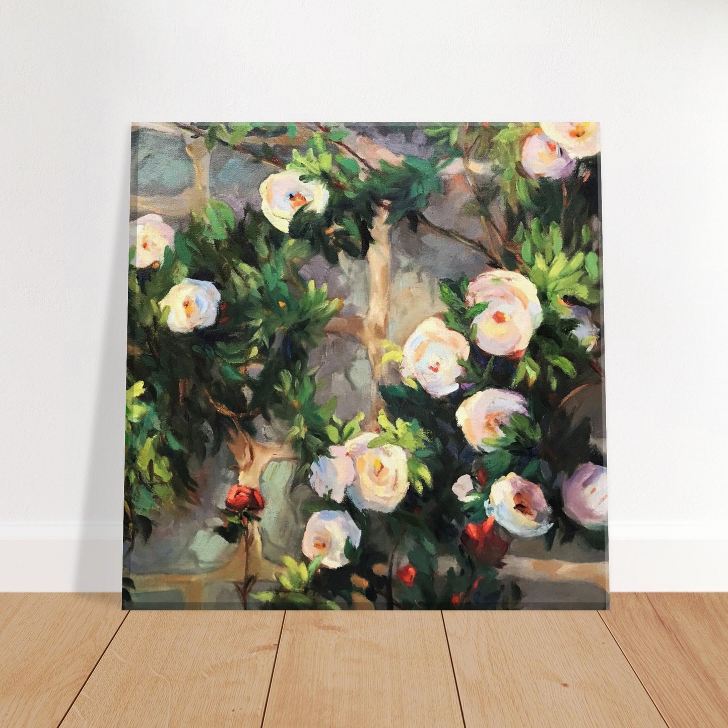 'Vining White Roses' Floral I 8x8 inch Art Print on Canvas I Original Artwork by American Artist Barbara Cleary