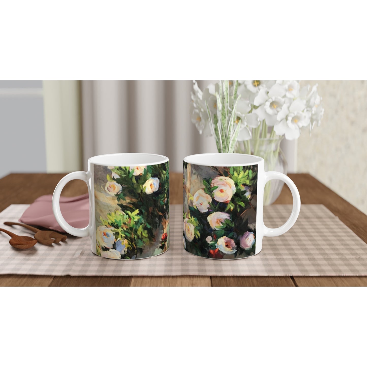 11oz White Ceramic Mug | Coffee Cup with 'Vining White Roses' Artwork by American Artist Barbara Cleary