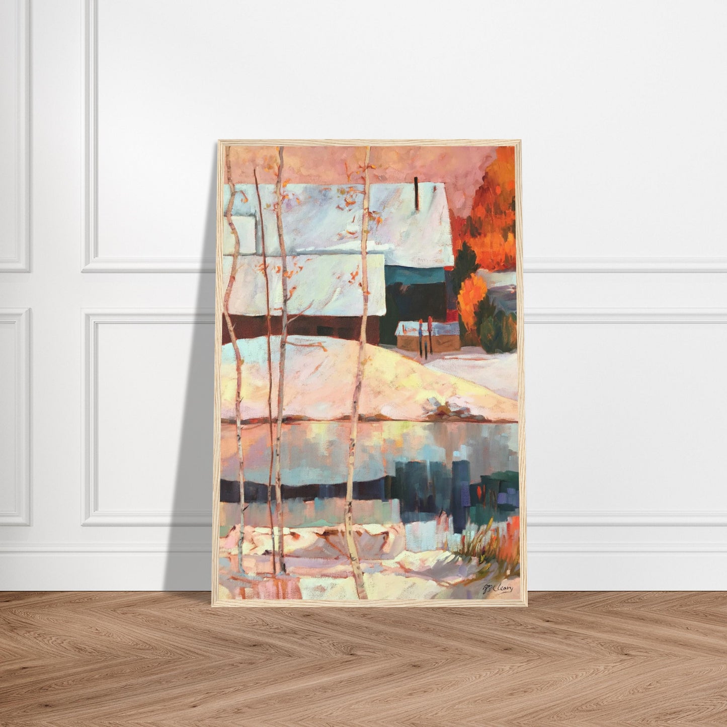 ‘Early Snow’ Winter Landscape | 24x36 Wooden Framed Art Print | Original Artwork by American Artist Barbara Cleary