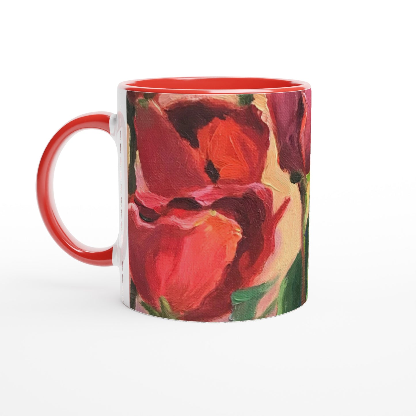 11oz White Ceramic Mug with Color Inside | Coffee Cup with 'Tulips' Floral Artwork by American Artist Barbara Cleary