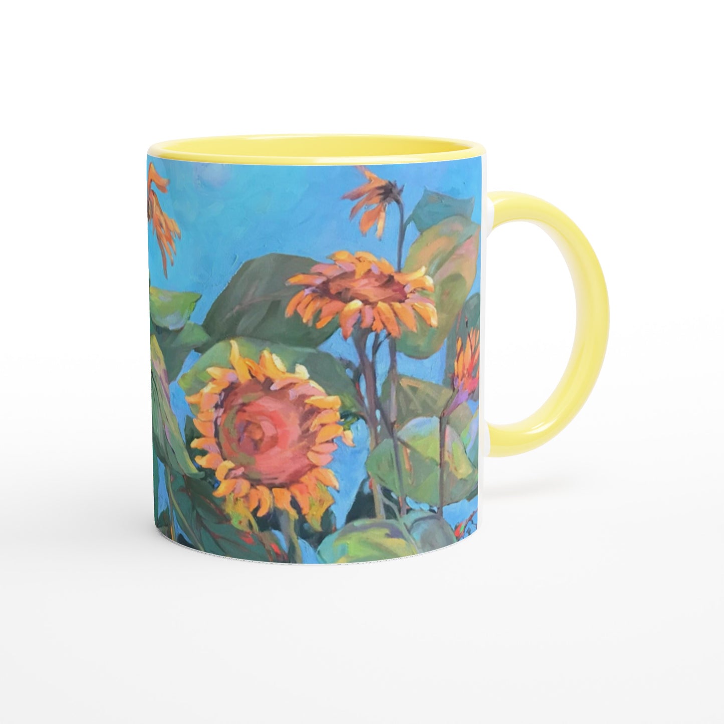 "11oz White Ceramic Coffee Mug with Color Inside | with 'Southwinds 2 Sunflowers' Floral Artwork by American Artist Barbara Cleary