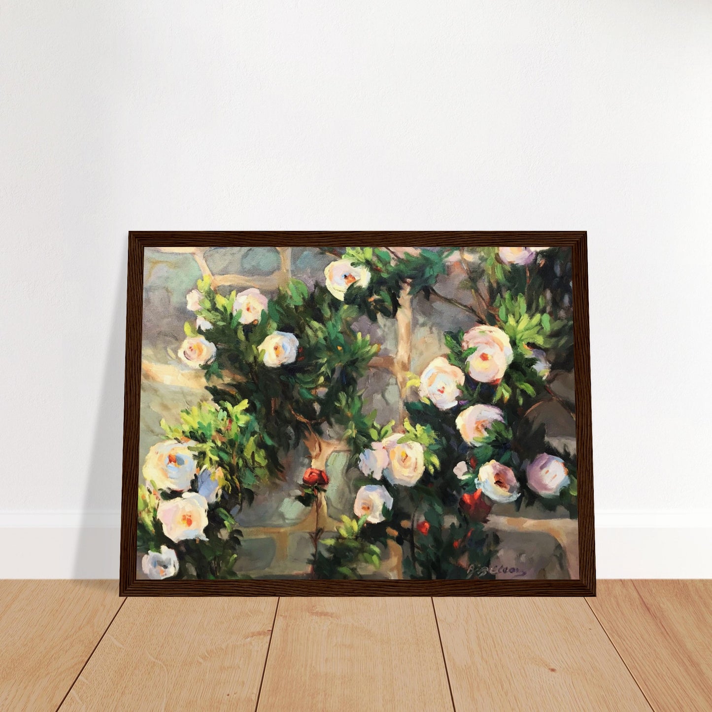 ‘Vining White Roses’ Floral | 12x16 inch Wooden Framed Art Print | Original Artwork by American Artist Barbara Cleary