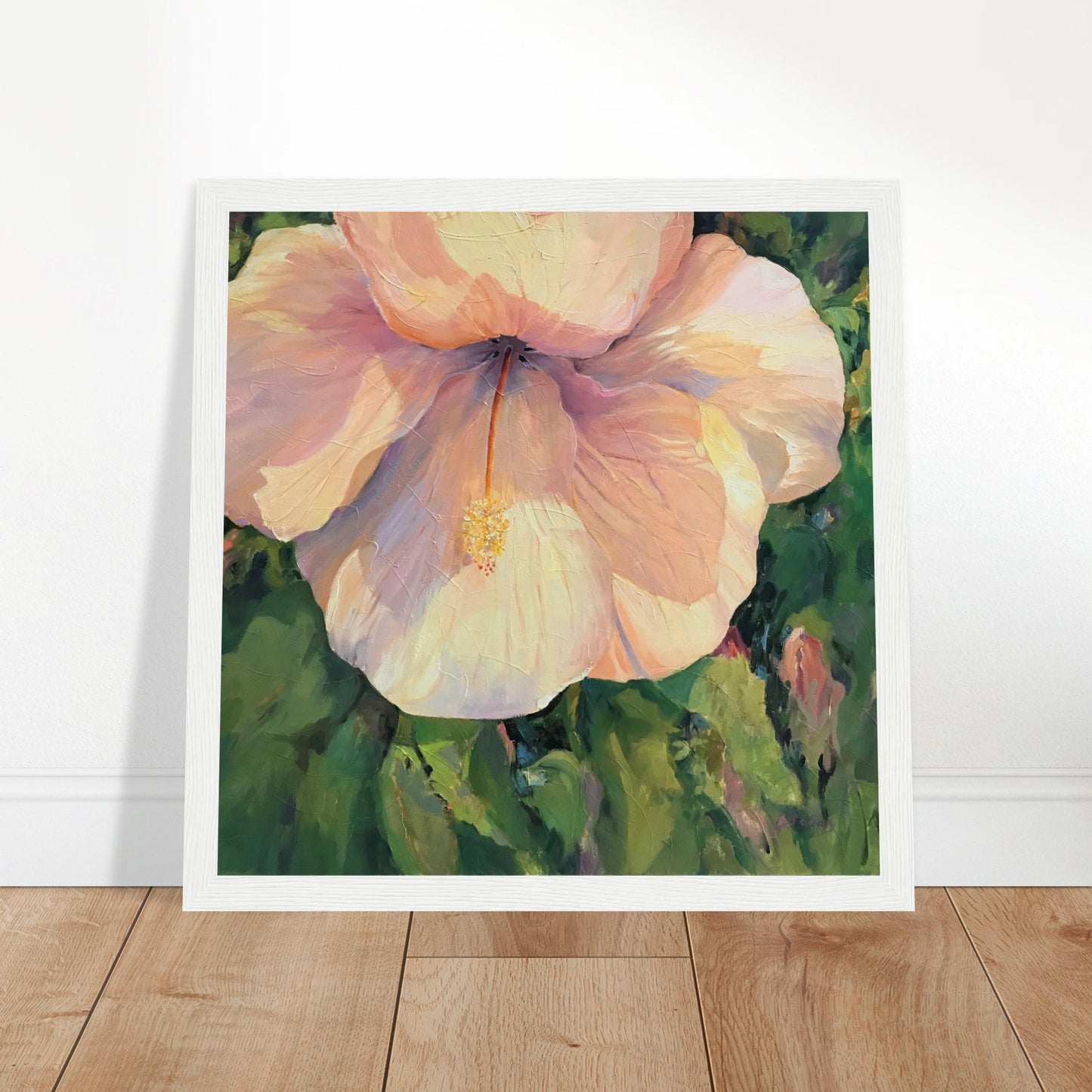 'Pink Hibiscus' Floral | 12x12 inch Wooden Framed Art Print | Original Artwork by American Artist Barbara Cleary