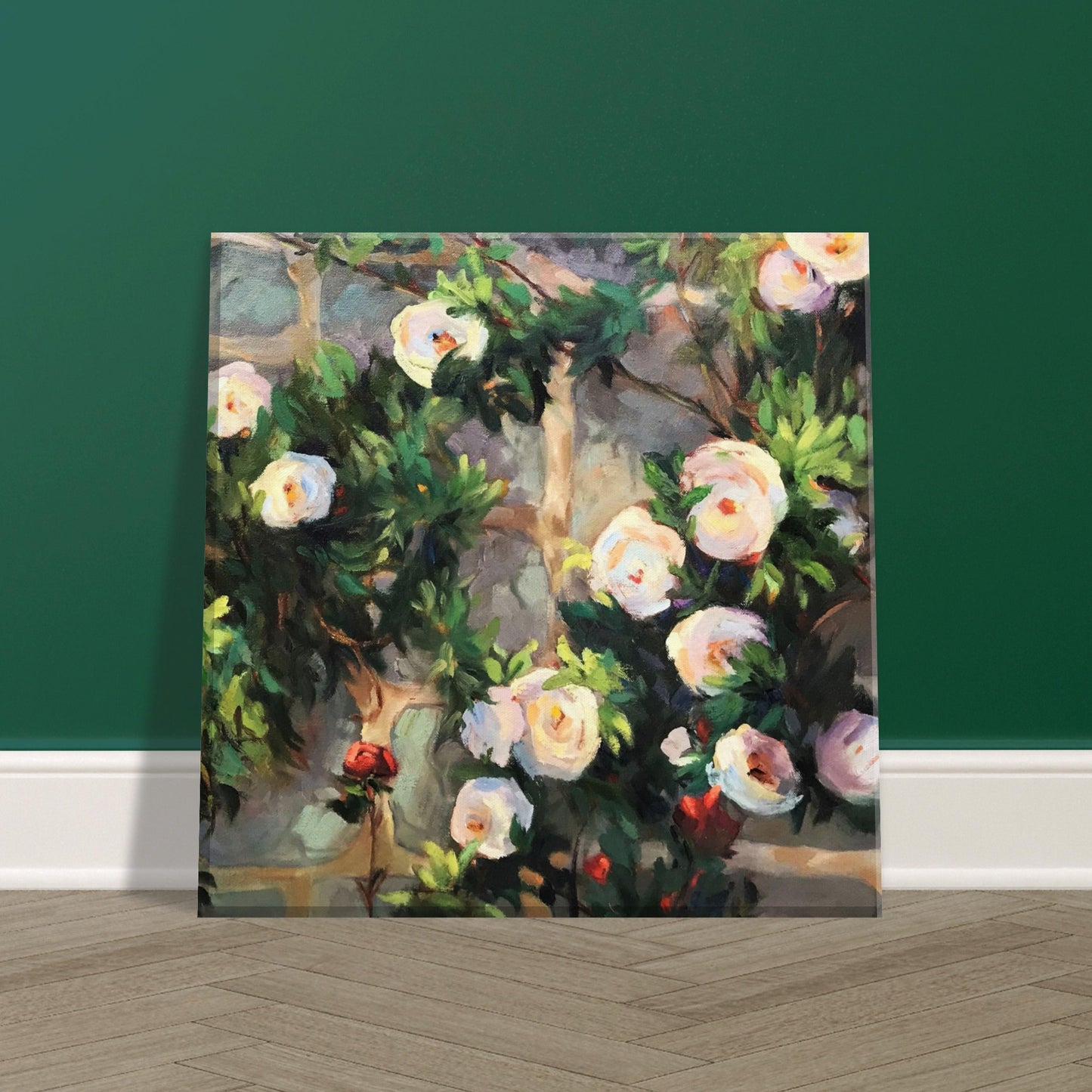 'Vining White Roses' Floral I 8x8 inch Art Print on Canvas I Original Artwork by American Artist Barbara Cleary