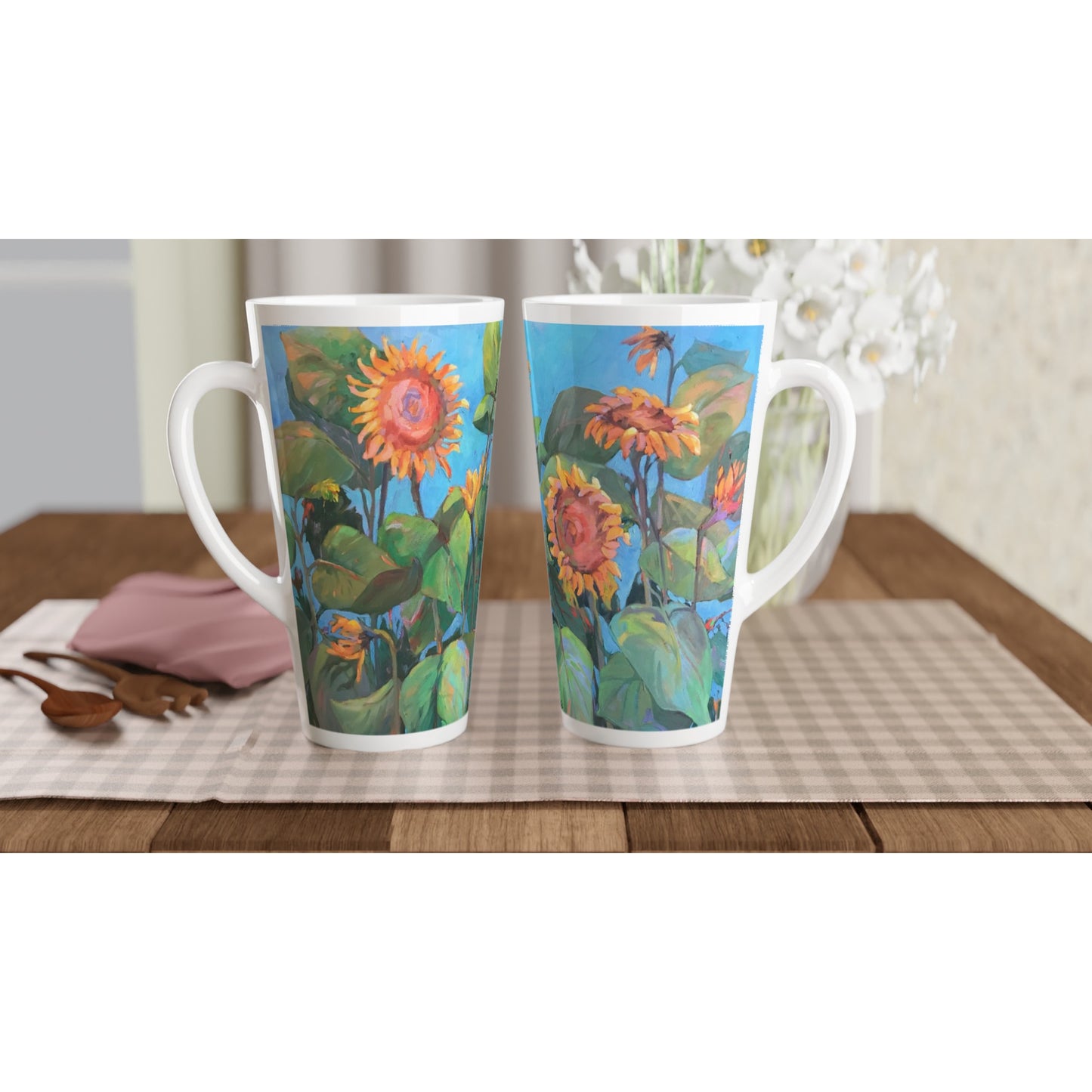 17oz White Ceramic Latte Mug | Coffee Cup with 'Southwinds 2 Sunflowers' Floral Artwork by American Artist Barbara Cleary