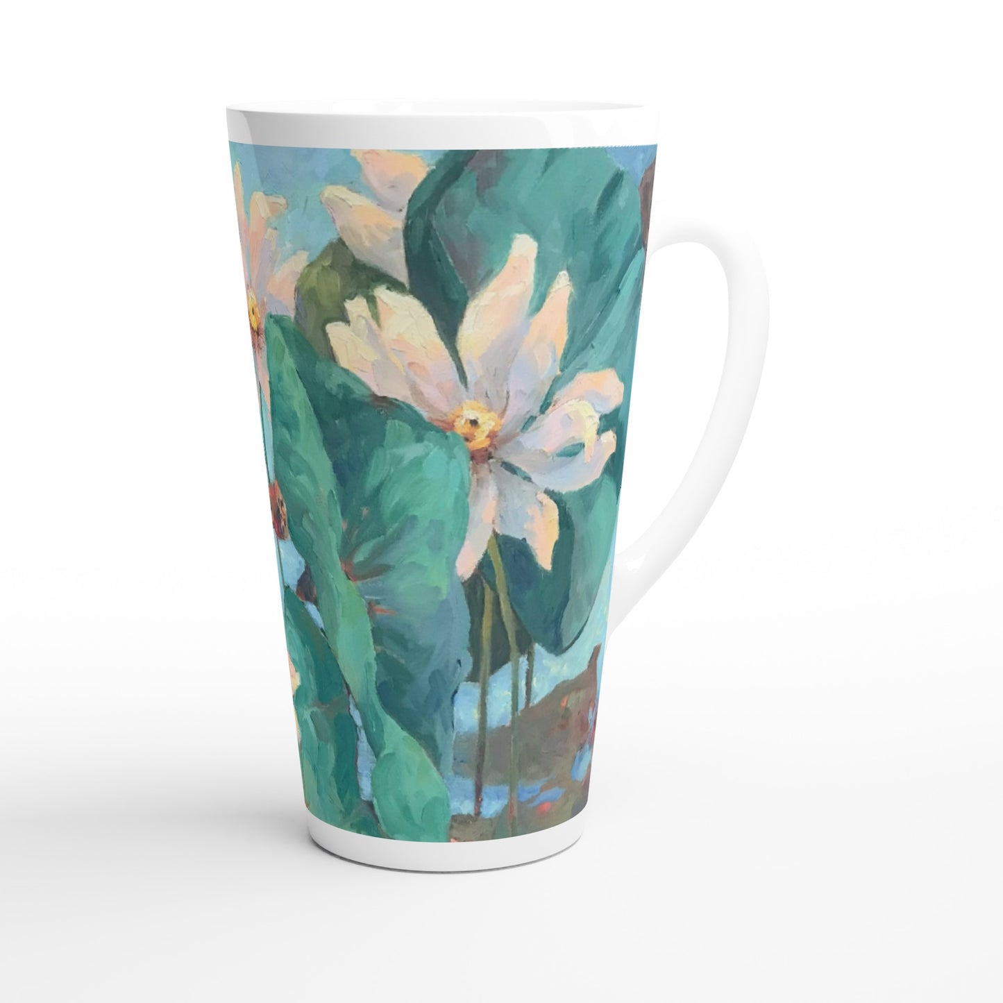 17oz White Ceramic Latte Mug | Coffee Cup with 'Lily Pads' Floral Artwork by American Artist Barbara Cleary