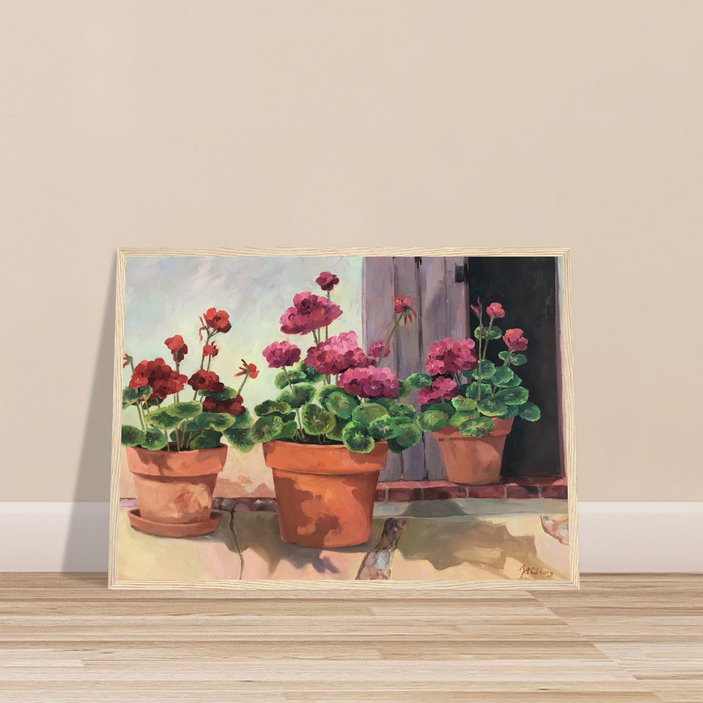 'Potted Red Geraniums Series 2'Red and Pink Floral | 20x28 inch Wooden Framed Art Print | Original Artwork by American Artist Barbara Cleary