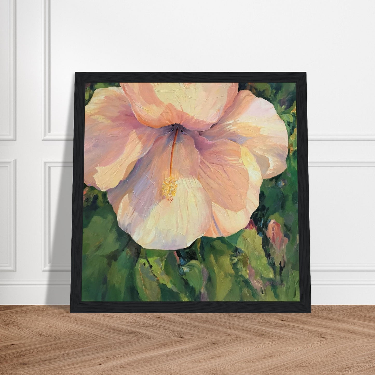 'Pink Hibiscus' Floral | 12x12 inch Wooden Framed Art Print | Original Artwork by American Artist Barbara Cleary