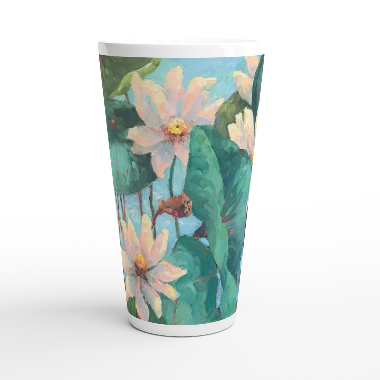 17oz White Ceramic Latte Mug | Coffee Cup with 'Lily Pads' Floral Artwork by American Artist Barbara Cleary