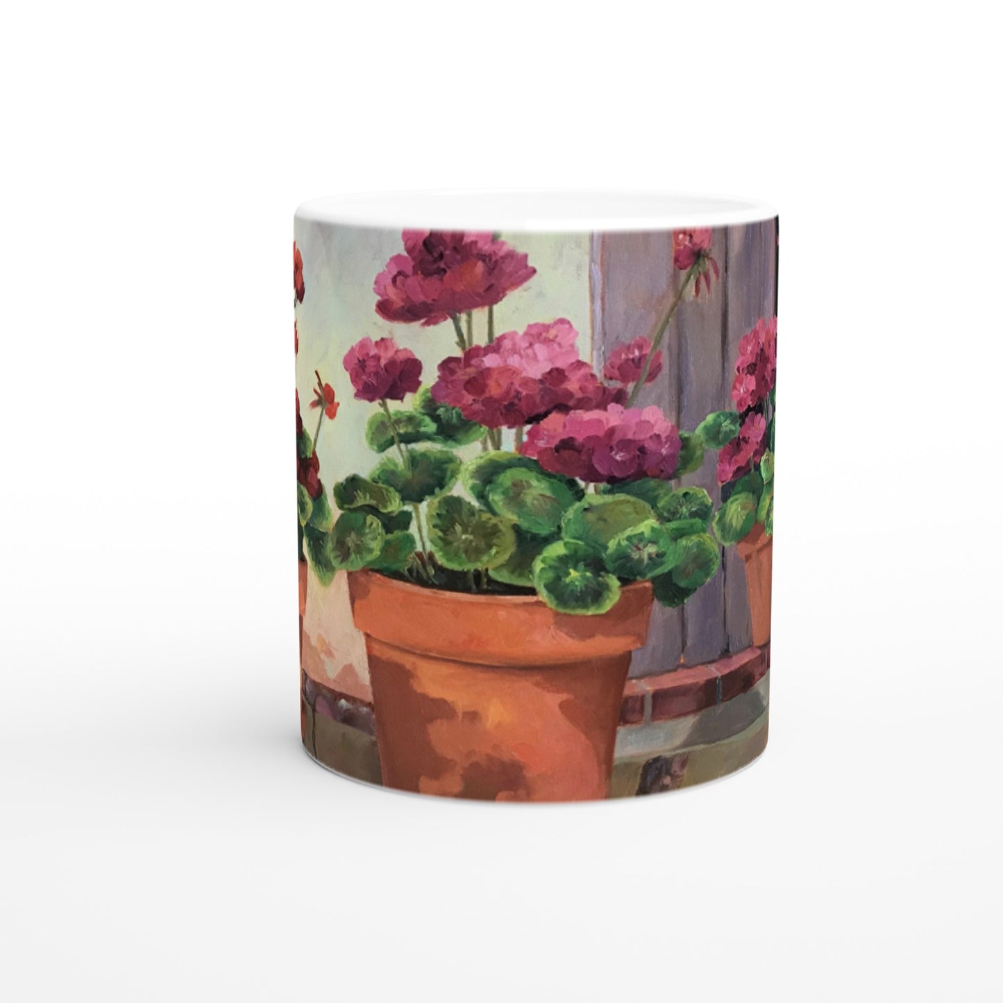 11oz White Ceramic Mug | Coffee Cup with 'Potted Red Geraniums Series 1' Floral Artwork by American Artist Barbara Cleary