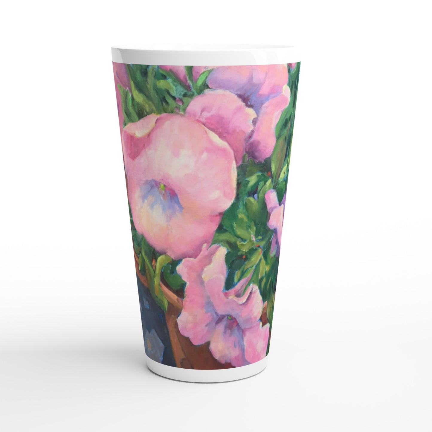 17oz White Ceramic Latte Mug | Coffee Cup with 'Pink Petals in Bloom' Floral Artwork by American Artist Barbara Cleary