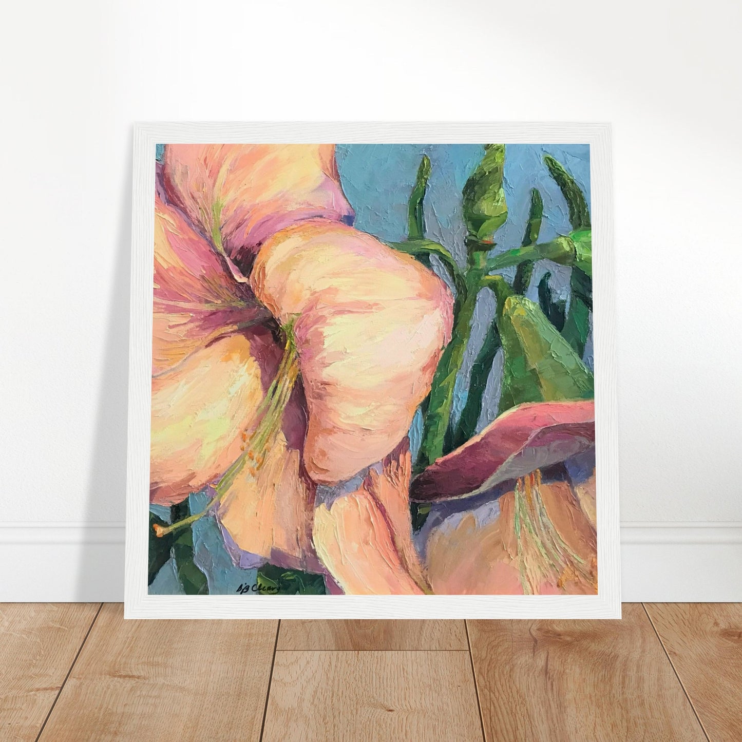 'Pink Amaryllis 2' Floral | 12x12 inch Wooden Framed Art Print | Original Artwork by American Artist Barbara Cleary