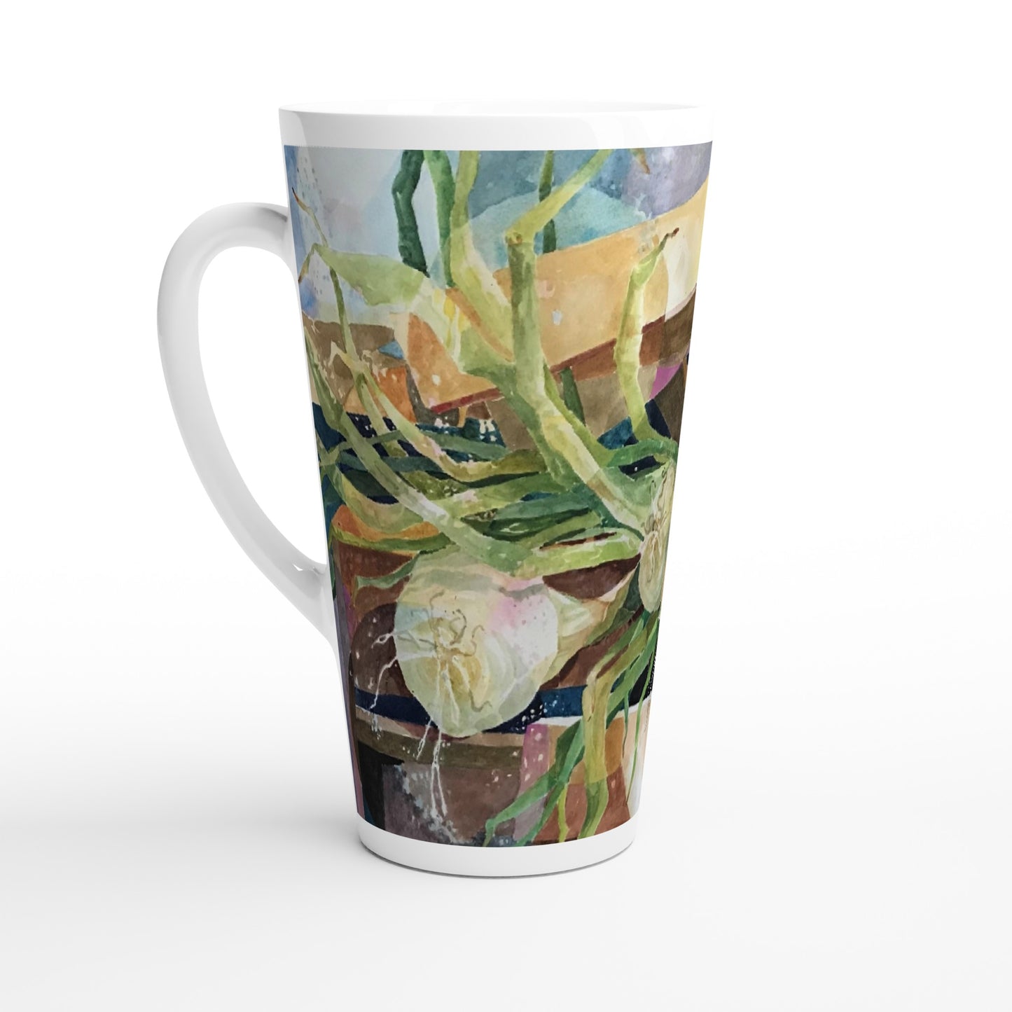 17oz White Ceramic Latte Mug | Coffee Cup with 'Onions' Watercolor Artwork by American Artist Barbara Cleary