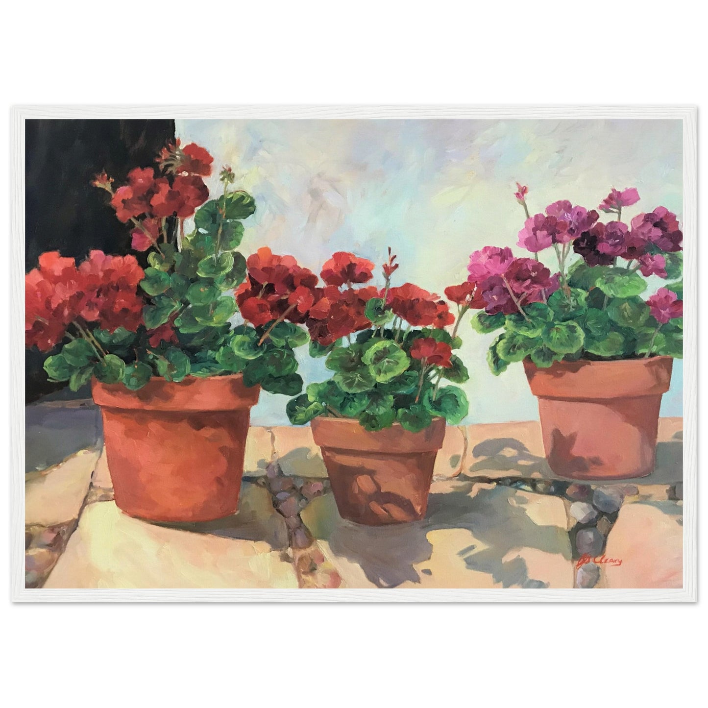 'Potted Red Geraniums Series 1' Red and Pink Floral | 20x28 inch Wooden Framed Art Print | Original Artwork by American Artist Barbara Cleary
