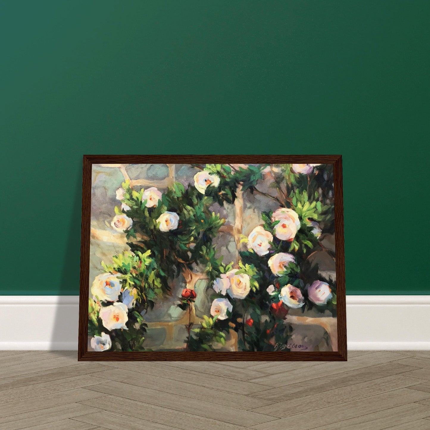 ‘Vining White Roses’ Floral | 12x16 inch Wooden Framed Art Print | Original Artwork by American Artist Barbara Cleary