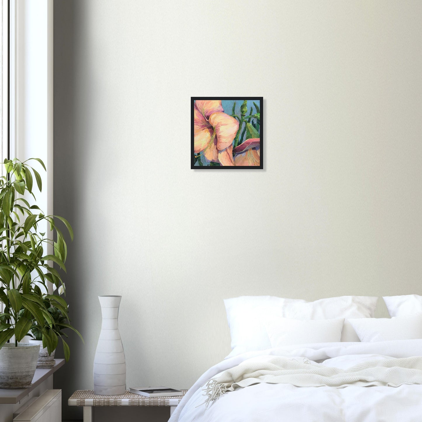'Pink Amaryllis 2' Floral | 12x12 inch Wooden Framed Art Print | Original Artwork by American Artist Barbara Cleary