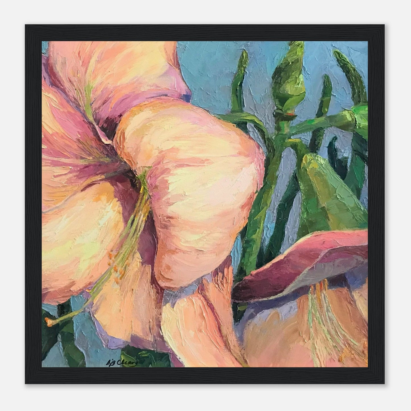 'Pink Amaryllis 2' Floral | 12x12 inch Wooden Framed Art Print | Original Artwork by American Artist Barbara Cleary