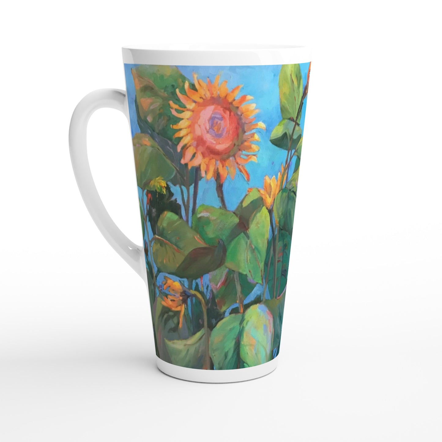 17oz White Ceramic Latte Mug | Coffee Cup with 'Southwinds 2 Sunflowers' Floral Artwork by American Artist Barbara Cleary