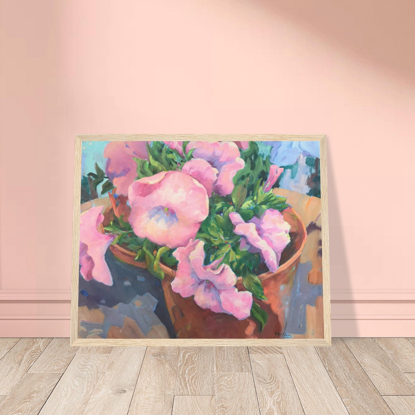 'Pink Petals in Bloom' Floral | 16x20 inch Wooden Framed Art Print | Original Artwork by American Artist Barbara Cleary