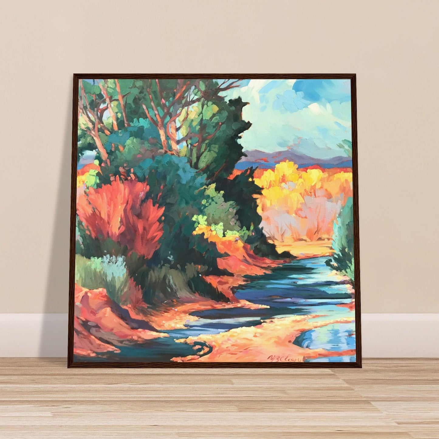 ‘Rio Pueblo’ Landscape | 28x28 Wooden Framed Art Print | Original Artwork by American Artist Barbara Cleary