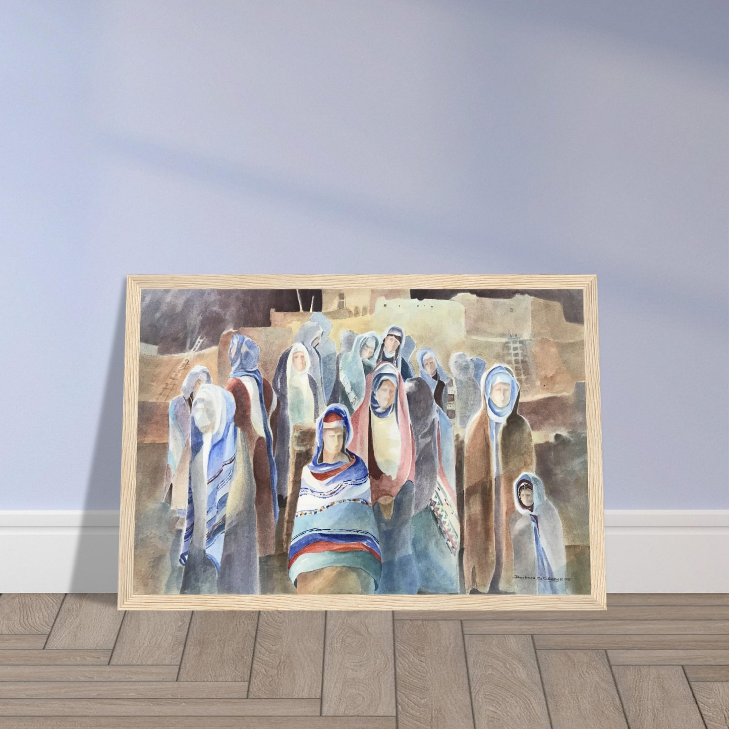 'Pueblo People' Southwestern Watercolor I 12x18 inch Wooden Framed Art Print I Original Artwork by American Artist Barbara Cleary