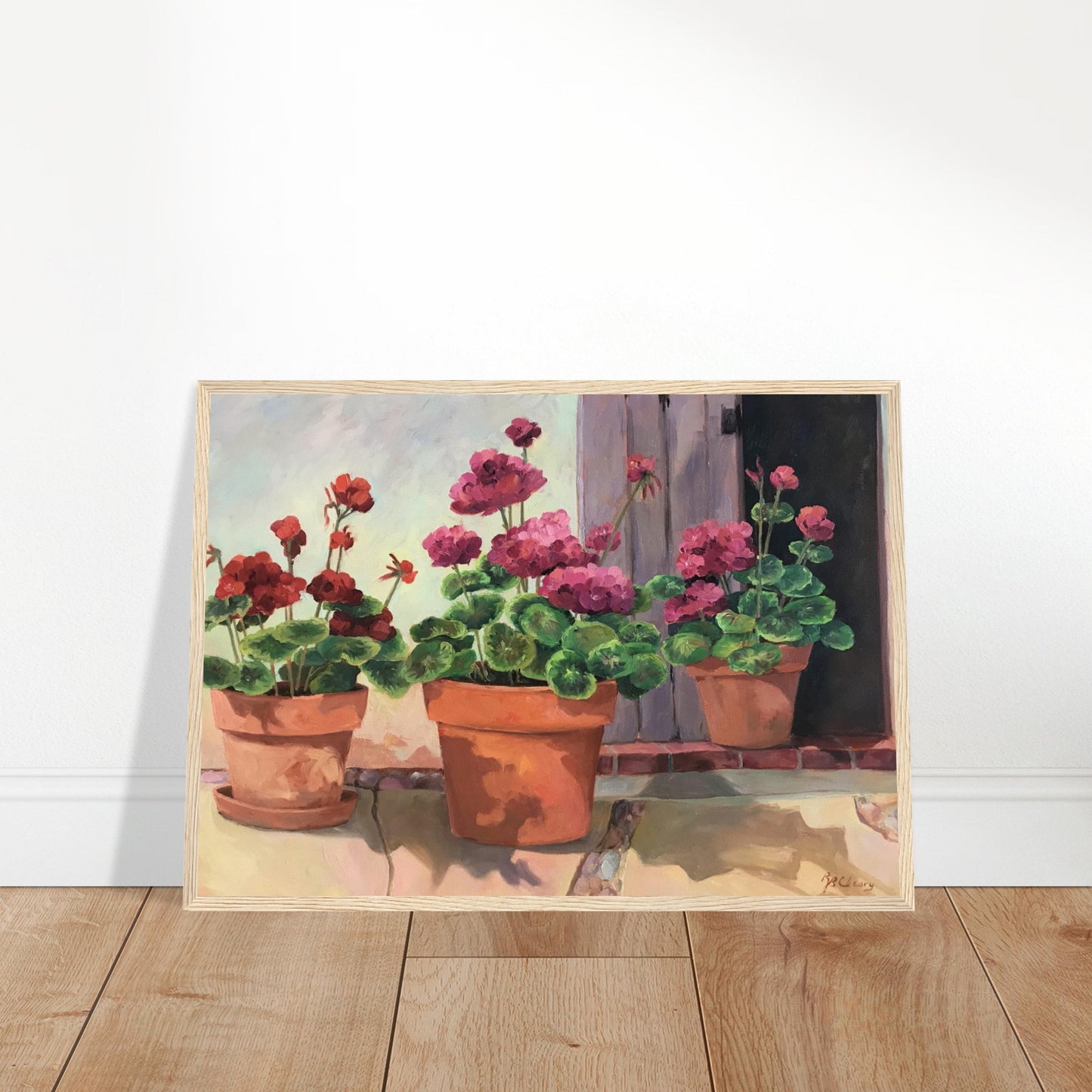 'Potted Red Geraniums Series 2'Red and Pink Floral | 20x28 inch Wooden Framed Art Print | Original Artwork by American Artist Barbara Cleary