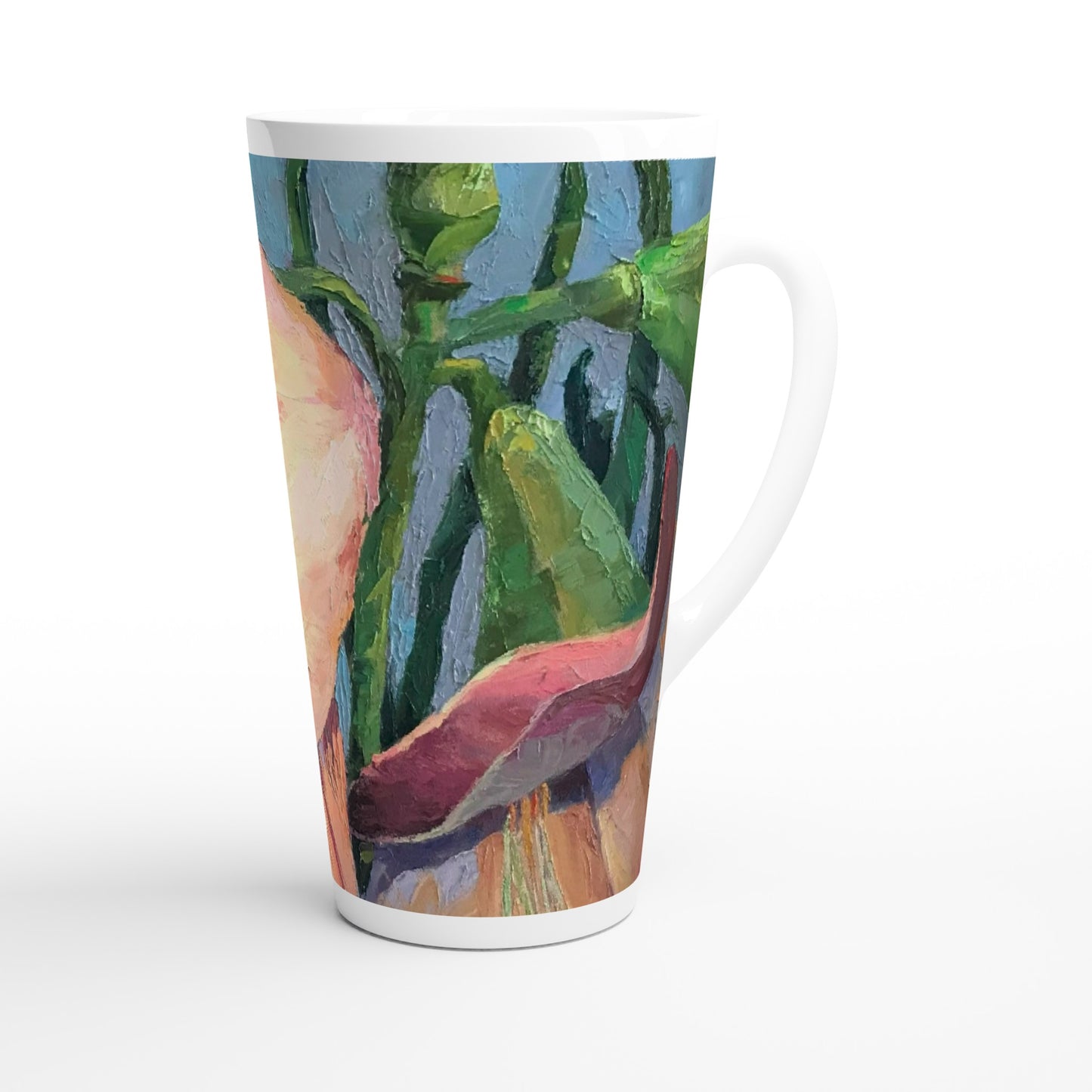 17oz White Ceramic Latte Mug | Coffee Cup with 'Amaryllis 2' Floral Artwork by American Artist Barbara Cleary