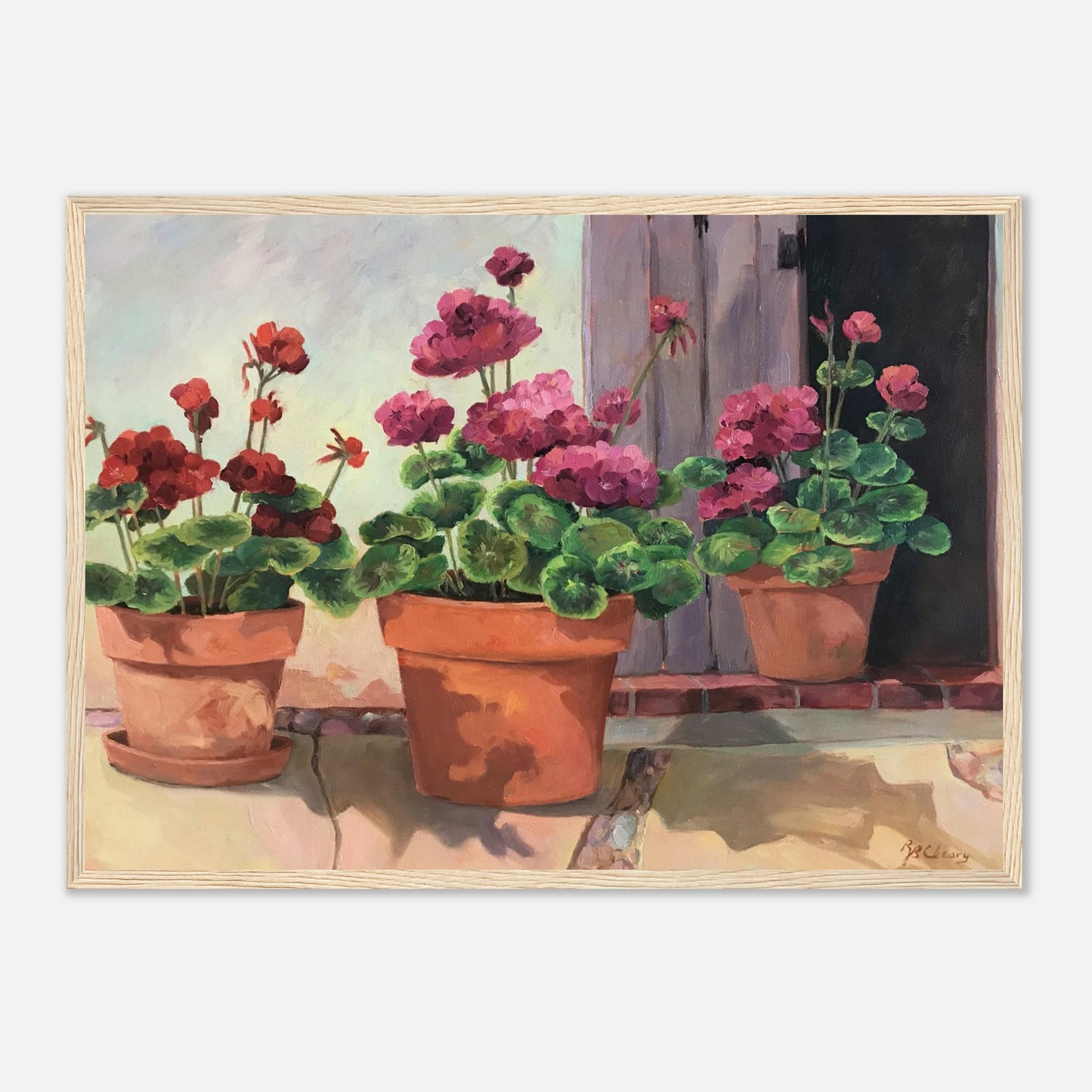 'Potted Red Geraniums Series 2'Red and Pink Floral | 20x28 inch Wooden Framed Art Print | Original Artwork by American Artist Barbara Cleary