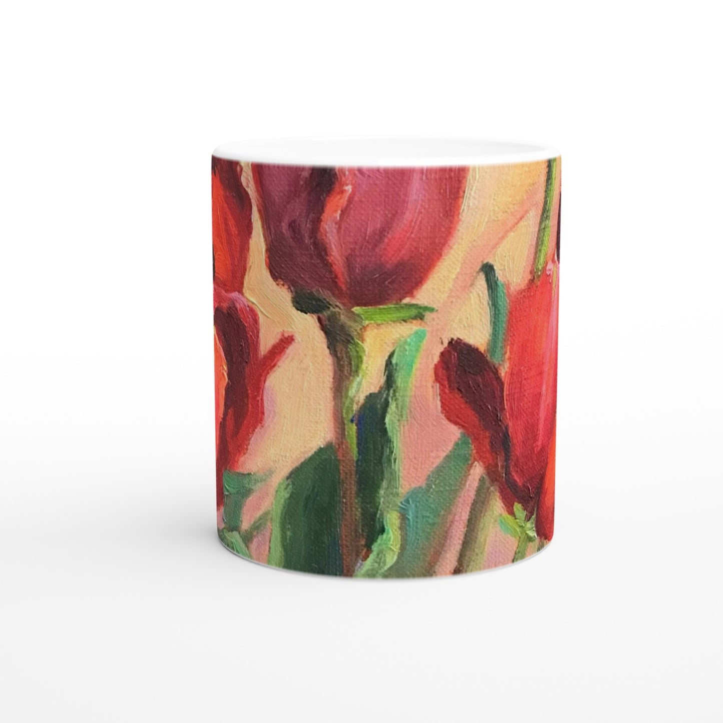 11oz White Ceramic Mug | Coffee Cup with 'Tulips' Floral Artwork by American Artist Barbara Cleary