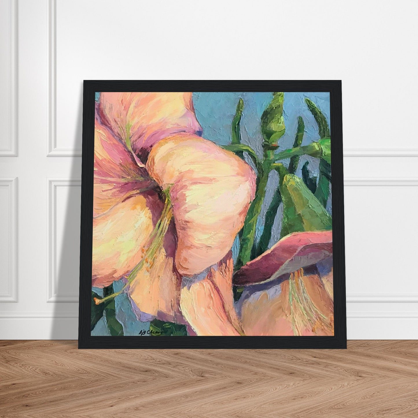 'Pink Amaryllis 2' Floral | 12x12 inch Wooden Framed Art Print | Original Artwork by American Artist Barbara Cleary